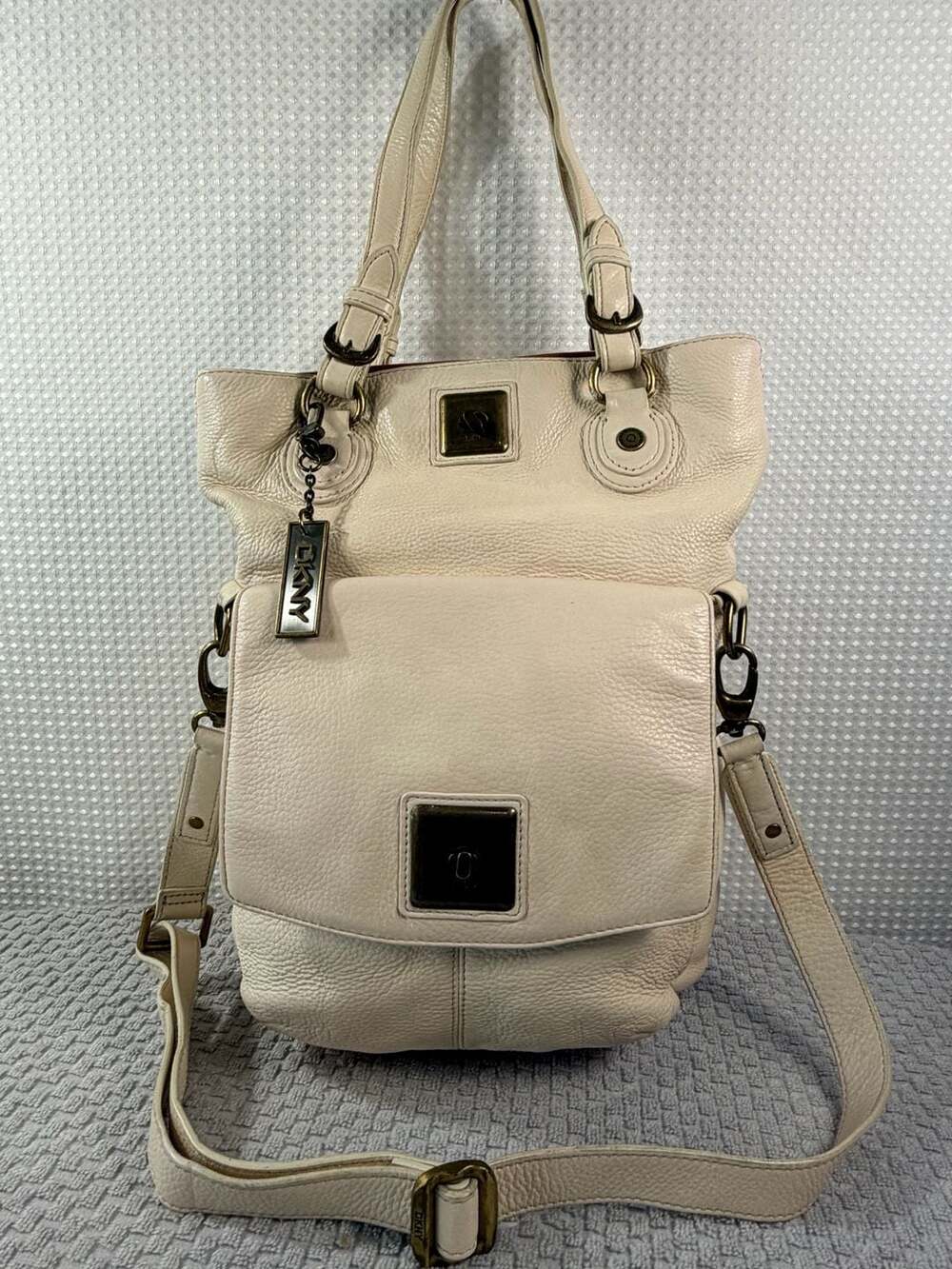 DKNY Pebble Leather Convertible Tote Shoulder Bag Cream